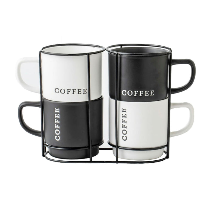 4 Piece Mug Set Home ESPRIT White Black Metal Porcelain 380 ml 13 x 9 x 9 cm