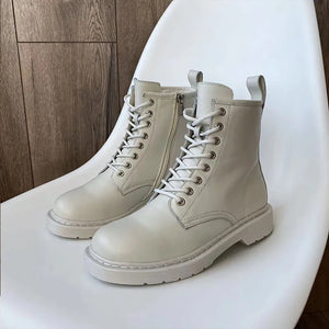 BeauToday Ankle Boots Platform Women Cow Leather Side Zipper Lace-up Round Toe Winter Ladies Warm Shoes Plus Size 04218