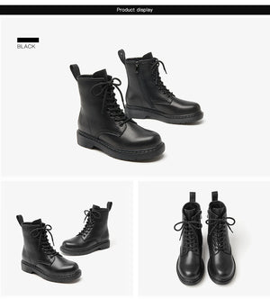 BeauToday Ankle Boots Platform Women Cow Leather Side Zipper Lace-up Round Toe Winter Ladies Warm Shoes Plus Size 04218