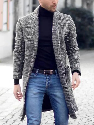 Winter Clothing Men's Fashion Trench Luxury Long Woolen Coat Casual Plaid Button Windbreaker Vintage Blends Premium 2024 New