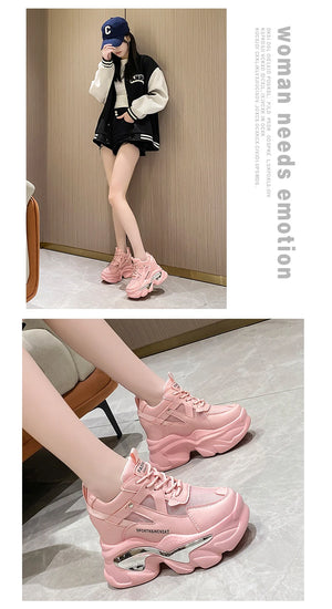 2023 Women Chunky Sneakers Platform Ulzzang Sports Shoes Summer Thick Bottom Breathable Mesh Casual Shoes 11CM High Heels Woman