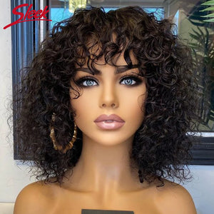 Short Pixie Bob Cut Jerry Curly Human Hair Wigs With Bangs Glueless Wig Highlight Honey Water Wave Blonde Colored Wigs For Women