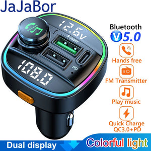 JaJaBor FM Transmitter Modulator Kolorowe światło QC3.0 PD 20W Super szybkie ładowanie USB Ładowarka samochodowa Zestaw głośnomówiący Bluetooth