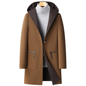 Fall Winter Hooded Double-sided Wear Wool Overcoat Men's Mid-length